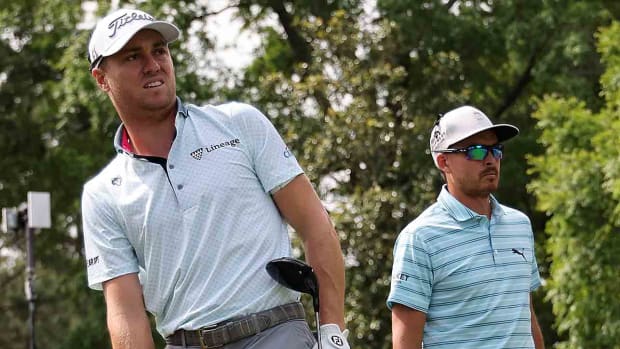 Justin Thomas and Rickie Fowler look on from the 3rd tee during the second round of the 2023 Wells Fargo Championship at Quail Hollow Country Club in Charlotte, N.C.